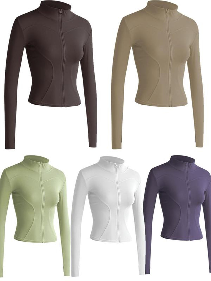 Women'S Thumb Holes Solid Zip up Mock Neck Spring Sports Jacket, Back to School Outfits, Fashion Long Sleeve Sports Outerwear for Tennis Pickleball Gym Yoga Workout Running, Define Jacket, Bbl Jackets, Women'S Sportswear Sports Wear