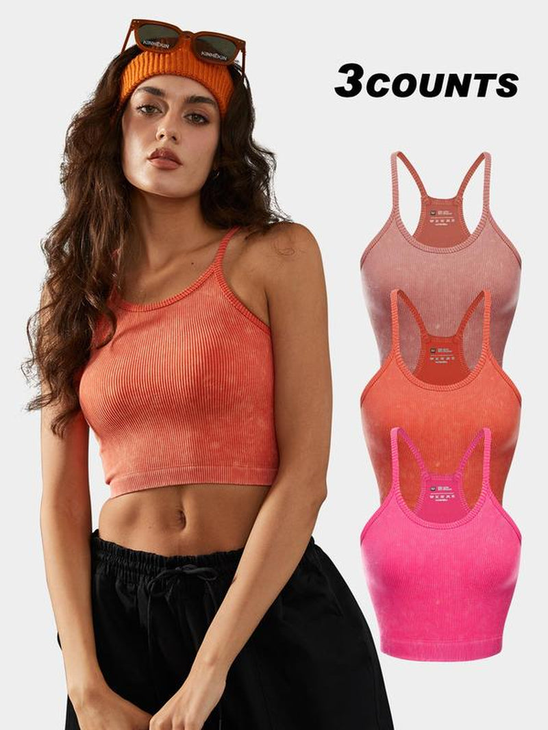 Women'S Textured Ribbed Sports Vest, Sleeveless Spaghetti Strap Crop Top for Yoga Gym Workout Running, Ladies Sportswear Clothing for Summer, Sleeveless Gym Tops, Minimalistic Activewear, Exercise Activewear, Athletic Training Apparel, Solid Color Tops