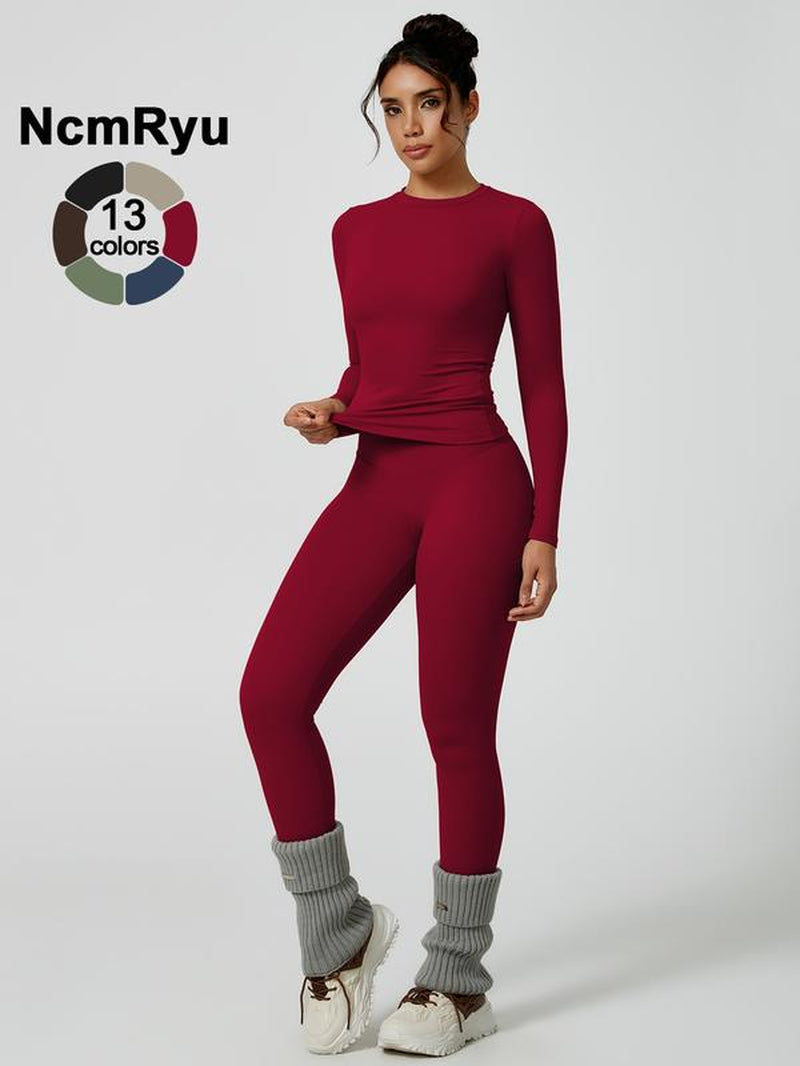 Two-Piece Set Women'S Patchwork High Elastic Soft round Neck Flat Shoulder Long Sleeve Slim Fit Beautiful Hip Tight Pants Yoga Clothes Suit Four Seasons Outdoor Running Cycling Hiking Walking Shopping Fashion Suit Gym Sports Training All-Match Long-Sleeve
