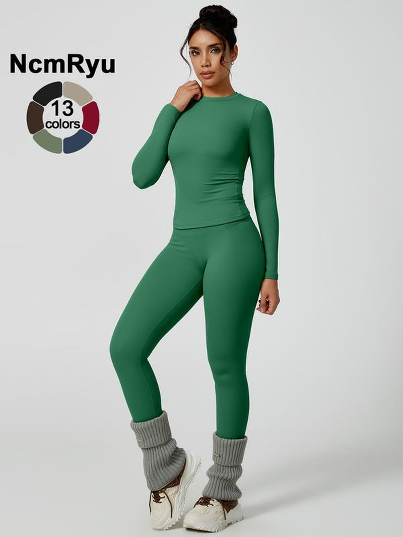 Two-Piece Set Women'S Patchwork High Elastic Soft round Neck Flat Shoulder Long Sleeve Slim Fit Beautiful Hip Tight Pants Yoga Clothes Suit Four Seasons Outdoor Running Cycling Hiking Walking Shopping Fashion Suit Gym Sports Training All-Match Long-Sleeve