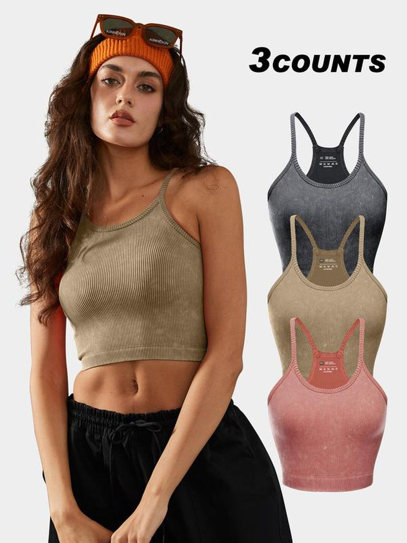 Women'S Textured Ribbed Sports Vest, Sleeveless Spaghetti Strap Crop Top for Yoga Gym Workout Running, Ladies Sportswear Clothing for Summer, Sleeveless Gym Tops, Minimalistic Activewear, Exercise Activewear, Athletic Training Apparel, Solid Color Tops