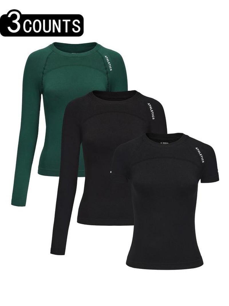 Women'S Letter Print Baselayer Top, Long Sleeve round Neck Compression Top for Yoga Gym Workout, Ladies Sportswear for Fall & Winter, Activewear