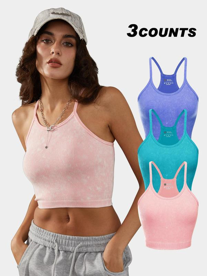 Women'S Textured Ribbed Sports Vest, Sleeveless Spaghetti Strap Crop Top for Yoga Gym Workout Running, Ladies Sportswear Clothing for Summer, Sleeveless Gym Tops, Minimalistic Activewear, Exercise Activewear, Athletic Training Apparel, Solid Color Tops