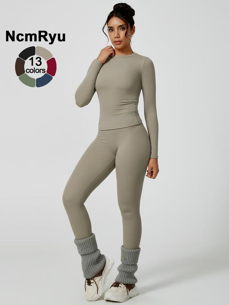 Two-Piece Set Women'S Patchwork High Elastic Soft round Neck Flat Shoulder Long Sleeve Slim Fit Beautiful Hip Tight Pants Yoga Clothes Suit Four Seasons Outdoor Running Cycling Hiking Walking Shopping Fashion Suit Gym Sports Training All-Match Long-Sleeve