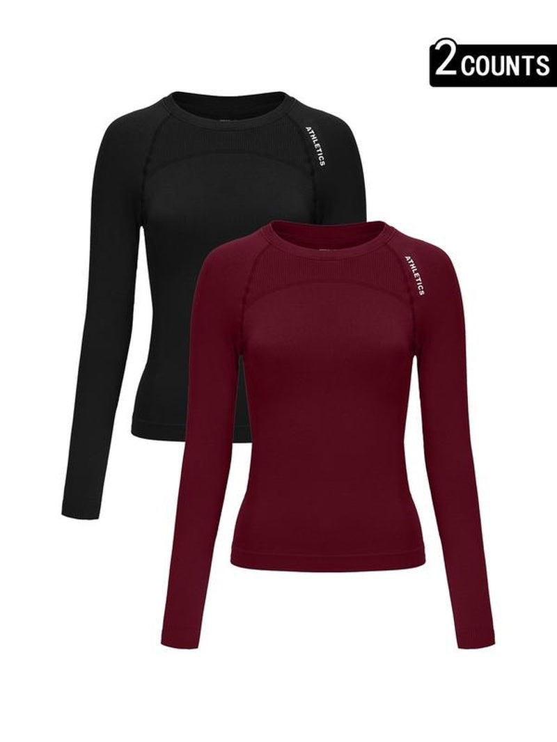 Women'S Letter Print Baselayer Top, Long Sleeve round Neck Compression Top for Yoga Gym Workout, Ladies Sportswear for Fall & Winter, Activewear