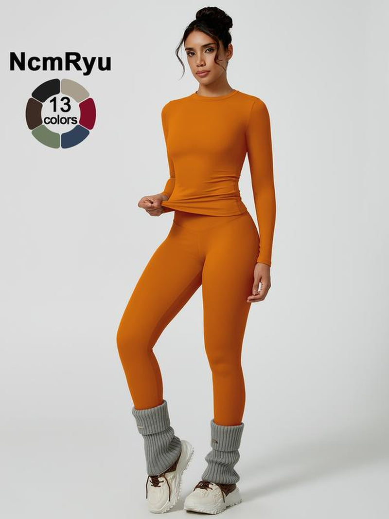 Two-Piece Set Women'S Patchwork High Elastic Soft round Neck Flat Shoulder Long Sleeve Slim Fit Beautiful Hip Tight Pants Yoga Clothes Suit Four Seasons Outdoor Running Cycling Hiking Walking Shopping Fashion Suit Gym Sports Training All-Match Long-Sleeve