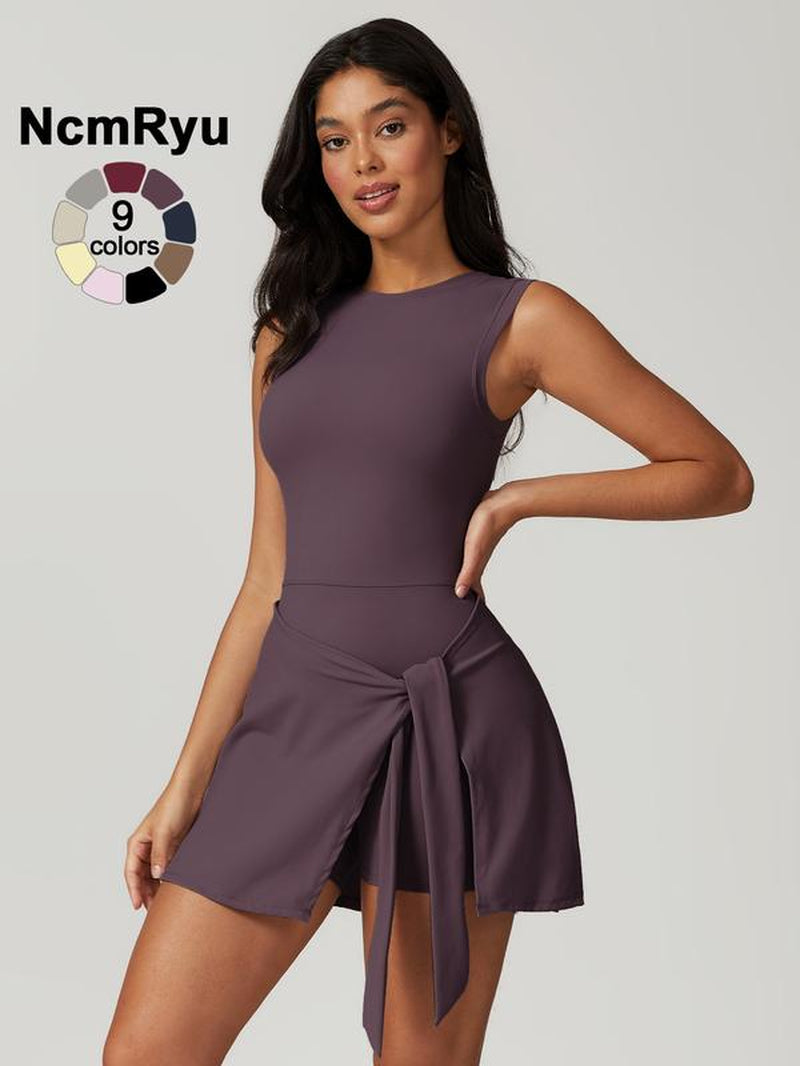 Women'S Sleeveless Plain Weave Mid Stretch Flat Shoulder Beautiful Back Split Strap Integrated Yoga Skirt Pants Outdoor Sports Hiking Tennis Cycling Pilates Jumpsuit Summer New Comfortable Lace up Jumpsuit Pants