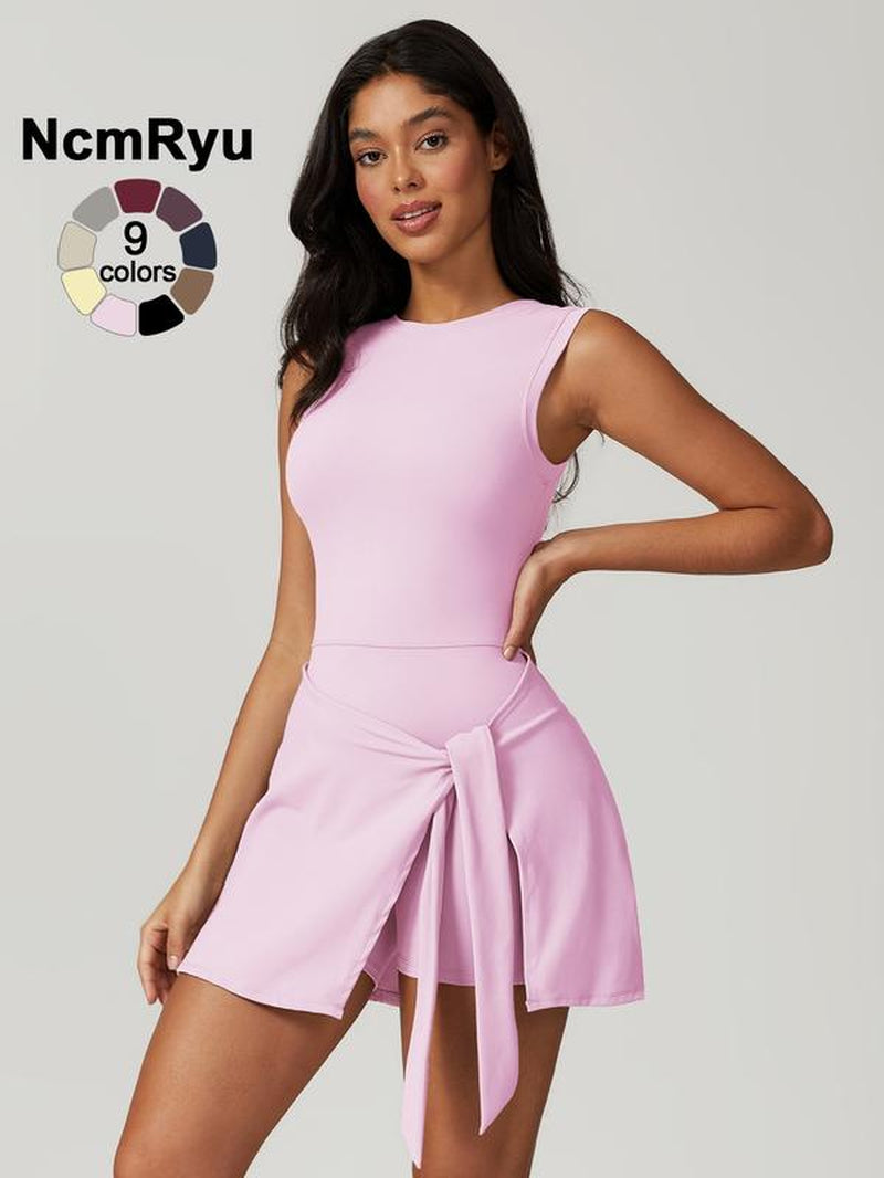 Women'S Sleeveless Plain Weave Mid Stretch Flat Shoulder Beautiful Back Split Strap Integrated Yoga Skirt Pants Outdoor Sports Hiking Tennis Cycling Pilates Jumpsuit Summer New Comfortable Lace up Jumpsuit Pants