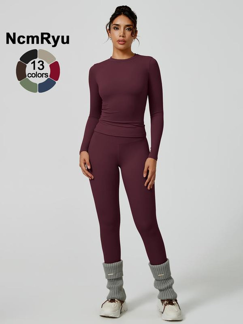 Two-Piece Set Women'S Patchwork High Elastic Soft round Neck Flat Shoulder Long Sleeve Slim Fit Beautiful Hip Tight Pants Yoga Clothes Suit Four Seasons Outdoor Running Cycling Hiking Walking Shopping Fashion Suit Gym Sports Training All-Match Long-Sleeve