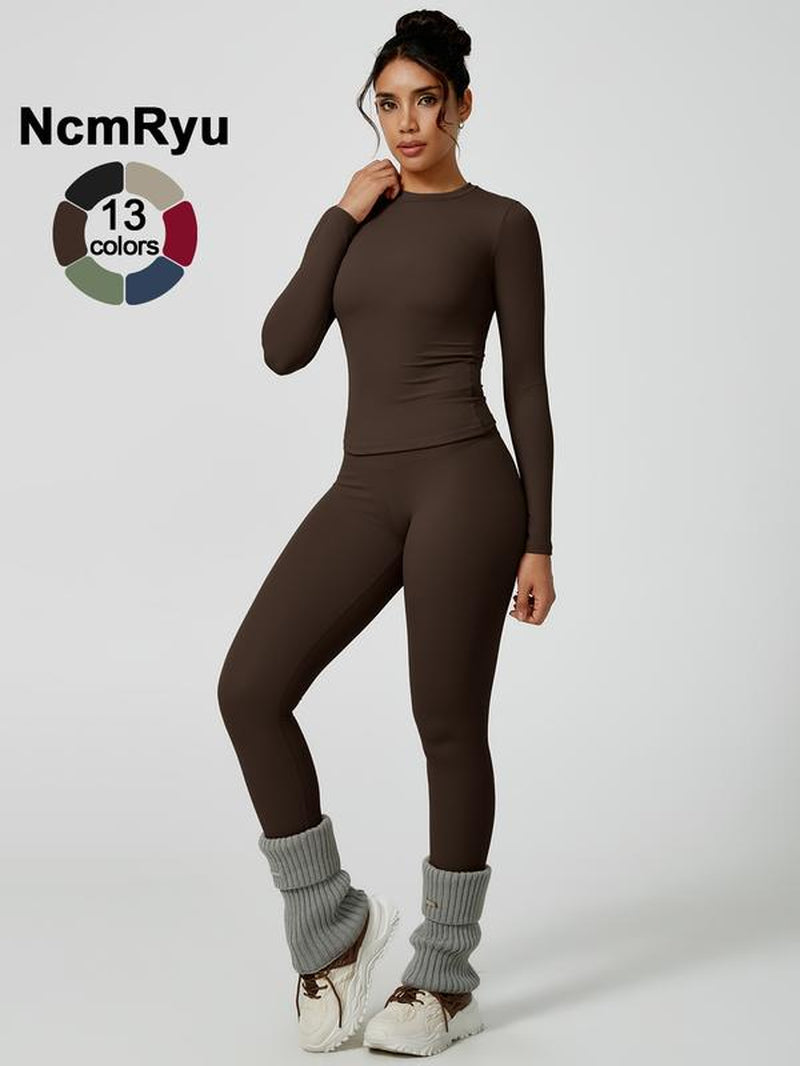 Two-Piece Set Women'S Patchwork High Elastic Soft round Neck Flat Shoulder Long Sleeve Slim Fit Beautiful Hip Tight Pants Yoga Clothes Suit Four Seasons Outdoor Running Cycling Hiking Walking Shopping Fashion Suit Gym Sports Training All-Match Long-Sleeve