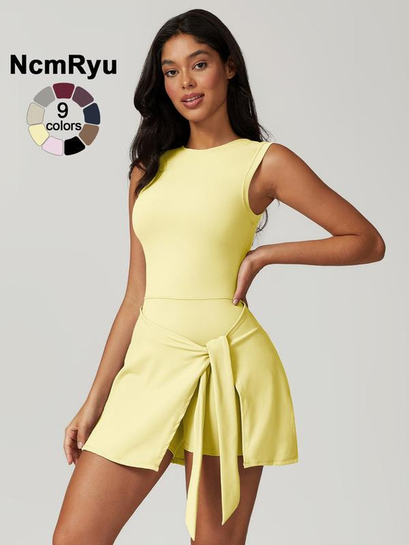 Women'S Sleeveless Plain Weave Mid Stretch Flat Shoulder Beautiful Back Split Strap Integrated Yoga Skirt Pants Outdoor Sports Hiking Tennis Cycling Pilates Jumpsuit Summer New Comfortable Lace up Jumpsuit Pants