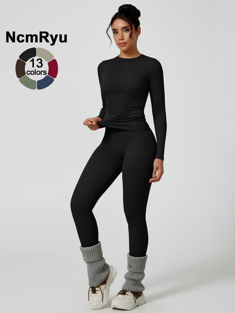 Two-Piece Set Women'S Patchwork High Elastic Soft round Neck Flat Shoulder Long Sleeve Slim Fit Beautiful Hip Tight Pants Yoga Clothes Suit Four Seasons Outdoor Running Cycling Hiking Walking Shopping Fashion Suit Gym Sports Training All-Match Long-Sleeve