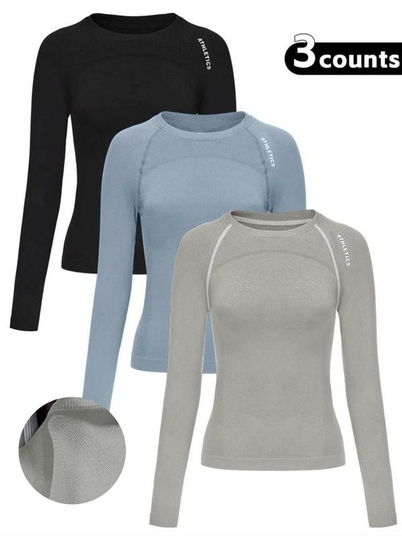 Women'S Letter Print Baselayer Top, Long Sleeve round Neck Compression Top for Yoga Gym Workout, Ladies Sportswear for Fall & Winter, Activewear