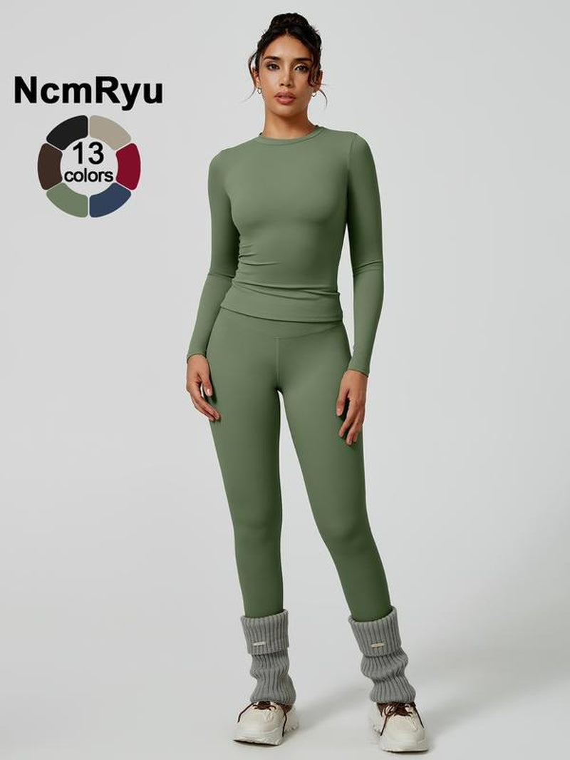 Two-Piece Set Women'S Patchwork High Elastic Soft round Neck Flat Shoulder Long Sleeve Slim Fit Beautiful Hip Tight Pants Yoga Clothes Suit Four Seasons Outdoor Running Cycling Hiking Walking Shopping Fashion Suit Gym Sports Training All-Match Long-Sleeve
