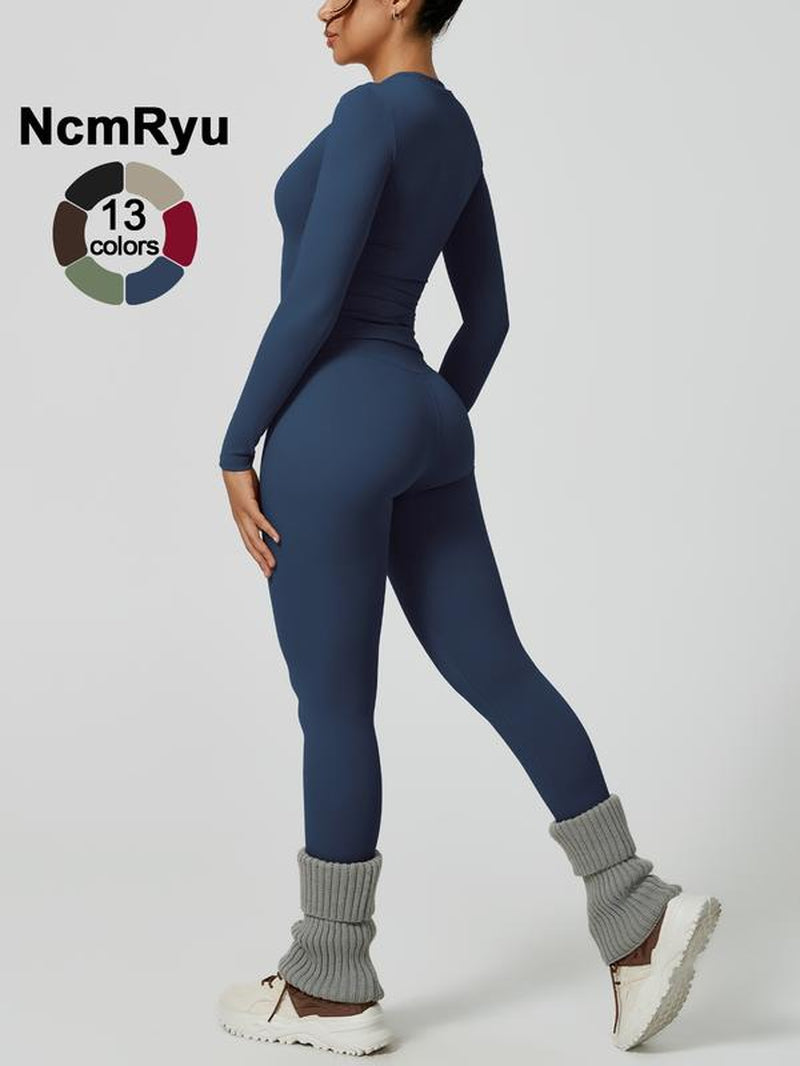 Two-Piece Set Women'S Patchwork High Elastic Soft round Neck Flat Shoulder Long Sleeve Slim Fit Beautiful Hip Tight Pants Yoga Clothes Suit Four Seasons Outdoor Running Cycling Hiking Walking Shopping Fashion Suit Gym Sports Training All-Match Long-Sleeve