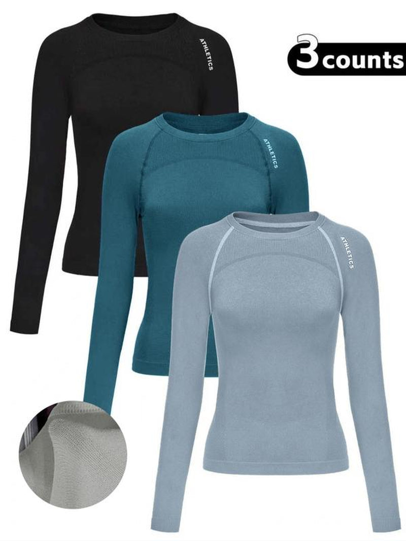 Women'S Letter Print Baselayer Top, Long Sleeve round Neck Compression Top for Yoga Gym Workout, Ladies Sportswear for Fall & Winter, Activewear