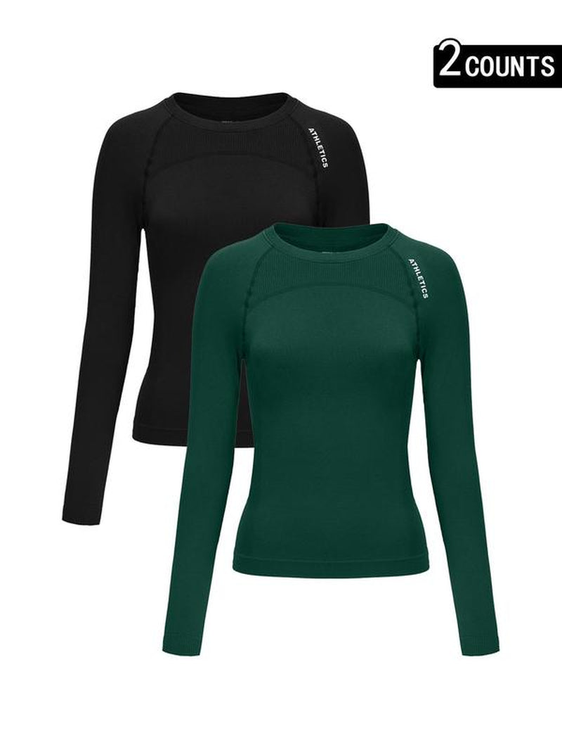 Women'S Letter Print Baselayer Top, Long Sleeve round Neck Compression Top for Yoga Gym Workout, Ladies Sportswear for Fall & Winter, Activewear