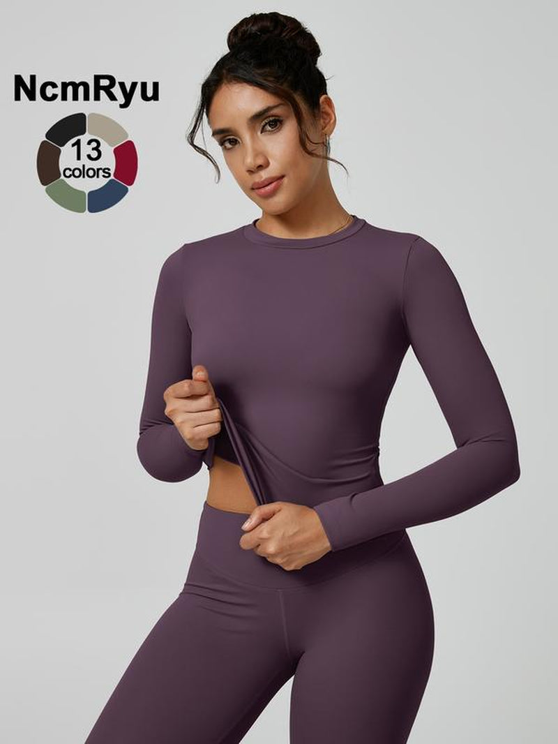 Two-Piece Set Women'S Patchwork High Elastic Soft round Neck Flat Shoulder Long Sleeve Slim Fit Beautiful Hip Tight Pants Yoga Clothes Suit Four Seasons Outdoor Running Cycling Hiking Walking Shopping Fashion Suit Gym Sports Training All-Match Long-Sleeve